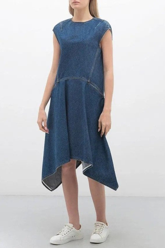 balenciaga denim dress Balenciaga Upside Down Denim Midi Dress In Dirty Blue