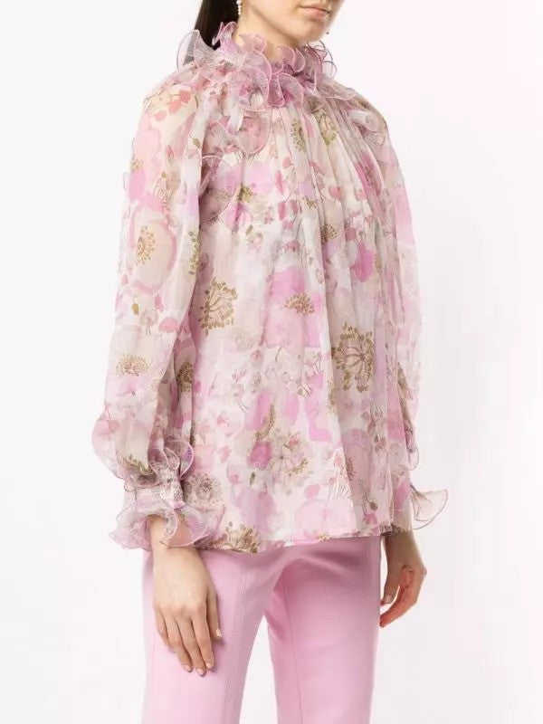 ZIMMERMANN 'Super Eight' Ruffled Floral Print Silk Blouse