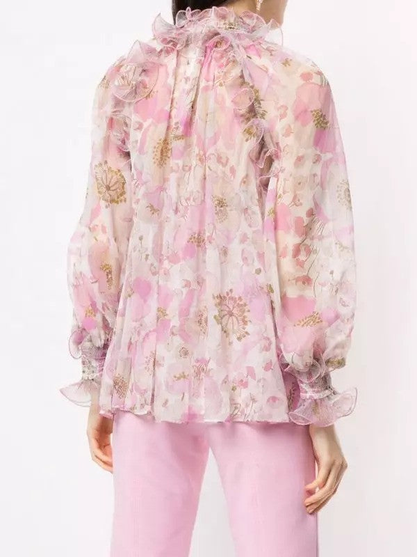 ZIMMERMANN 'Super Eight' Ruffled Floral Print Silk Blouse