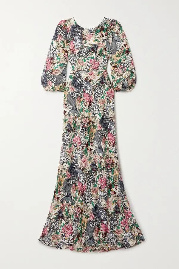 SALONI "Lily-b" Floral Print Silk-Jacquard Gown