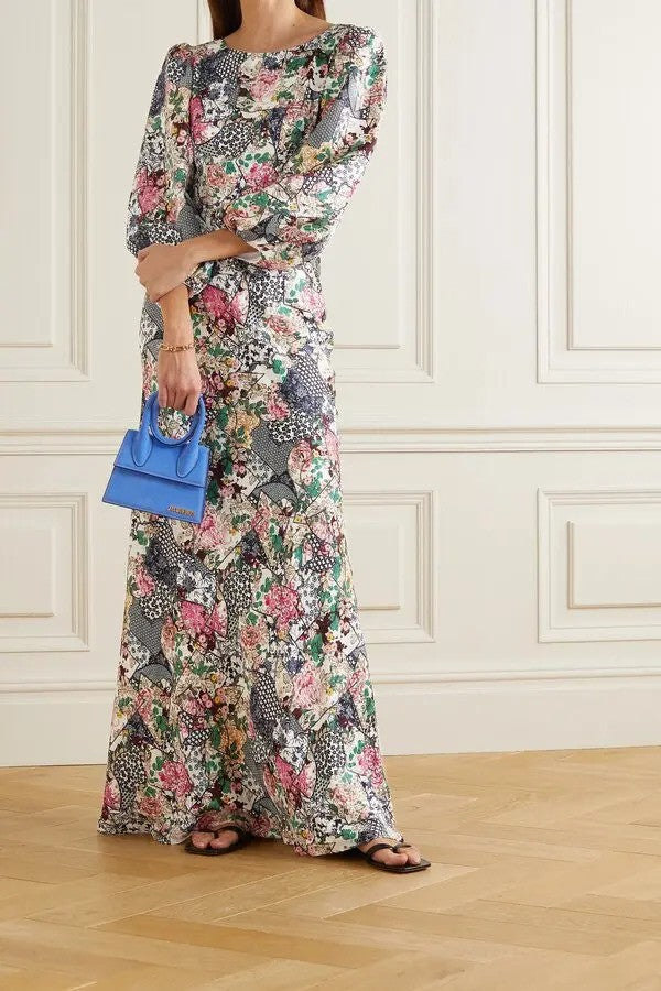 SALONI "Lily-b" Floral Print Silk-Jacquard Gown