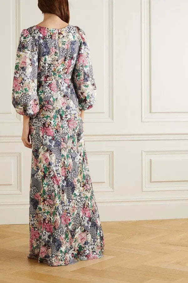 SALONI "Lily-b" Floral Print Silk-Jacquard Gown