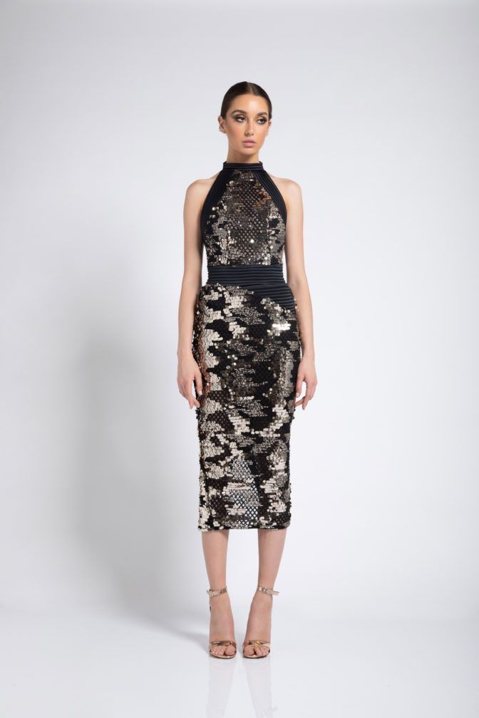 ZHIVAGO "Ischia" Midi Sequin Halter Dress