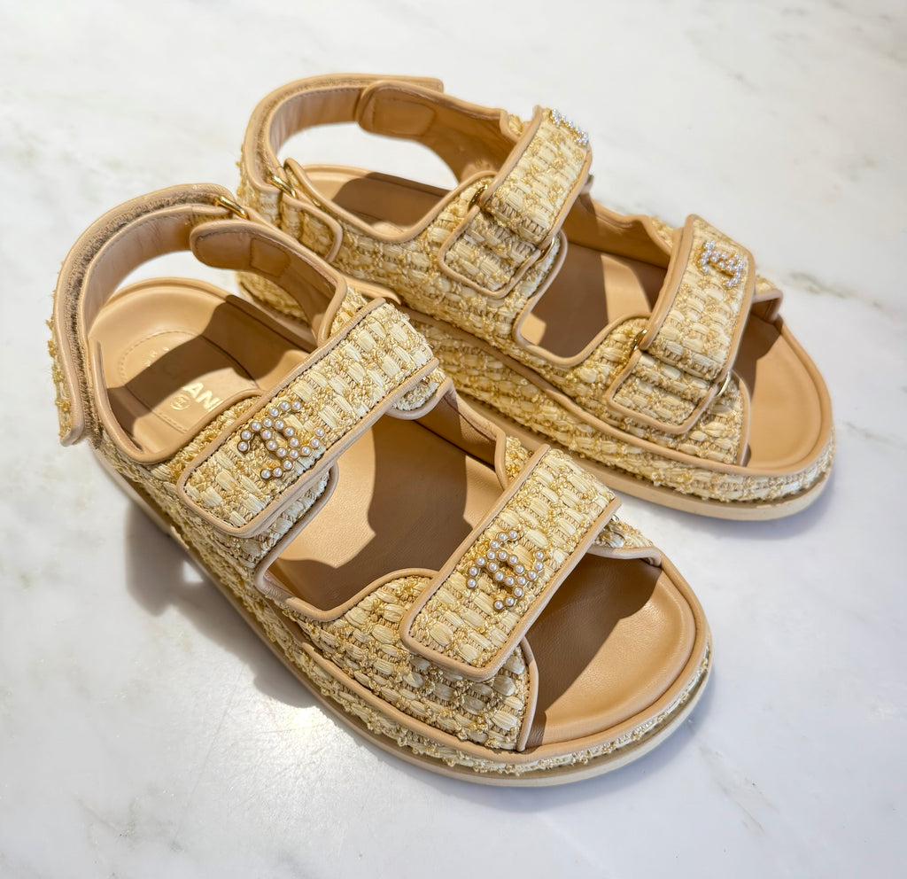 CHANEL "Raffia Pearl Velcro Dad" Sandals