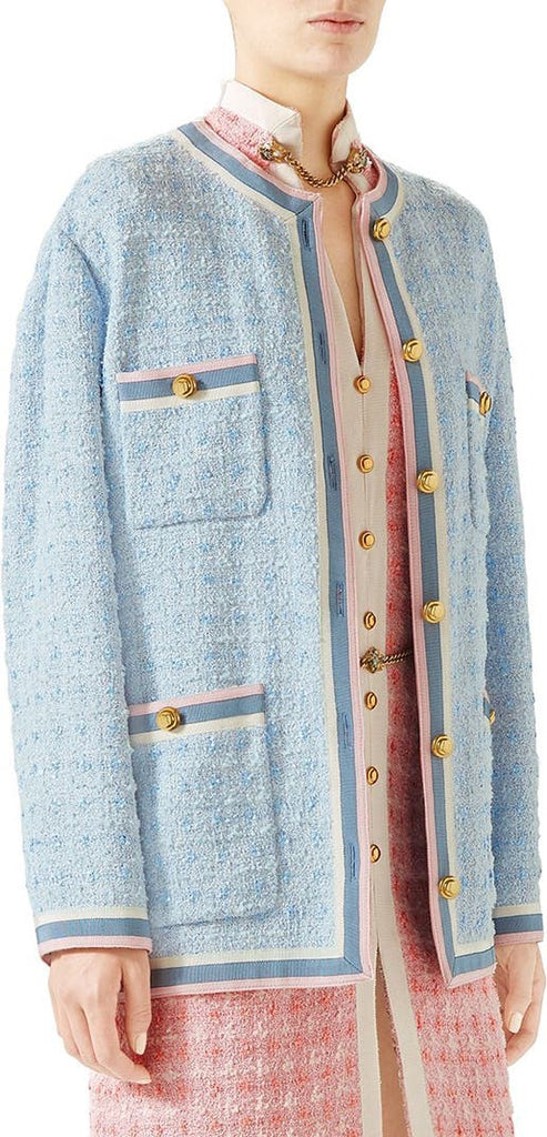 GUCCI "Stripe-Trim Button-Front" Tweed Jacket