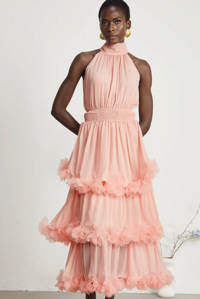 MISS ROSIER "Micah 3D Petal Tiered" Midi Dress