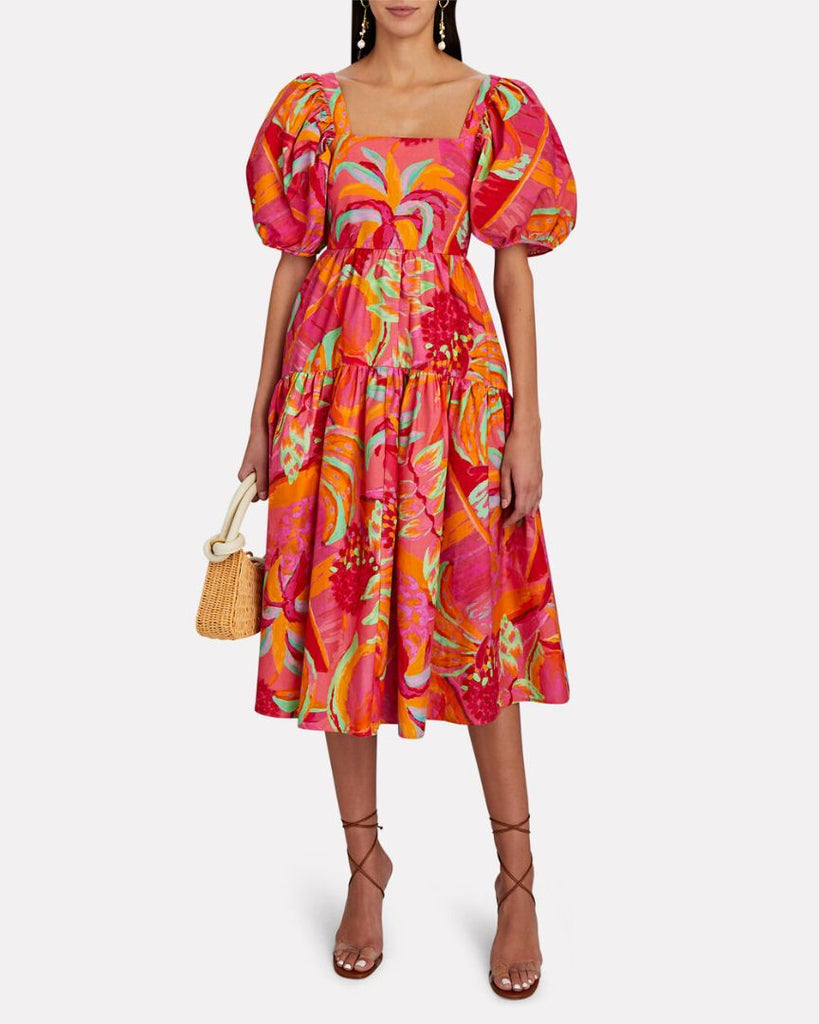 FARM RIO "Fruit Brush" Puff Sleeve Midi Dress