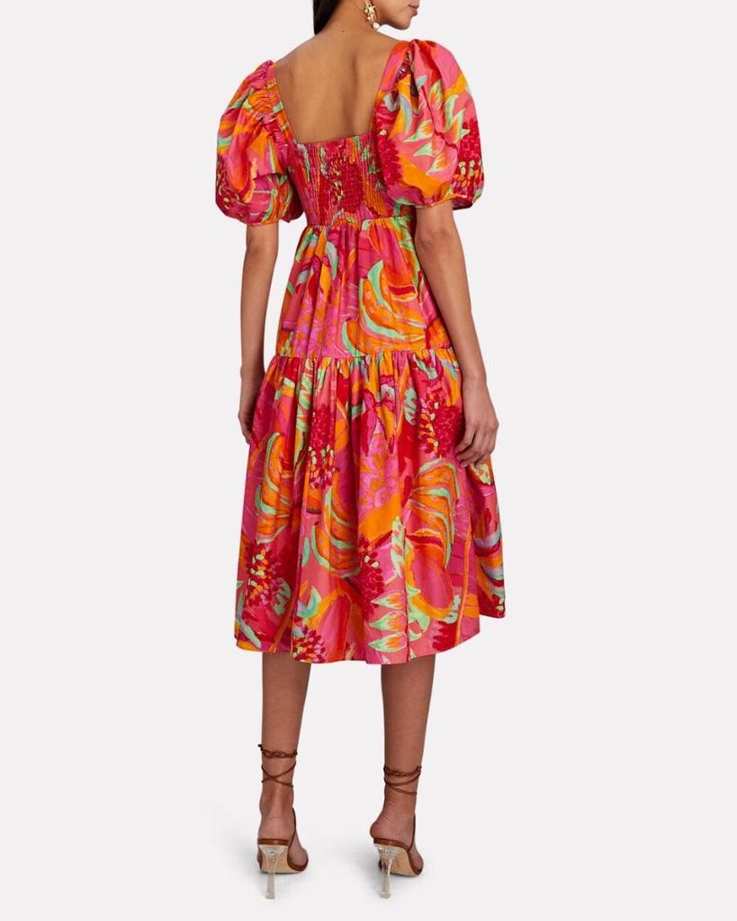 FARM RIO "Fruit Brush" Puff Sleeve Midi Dress