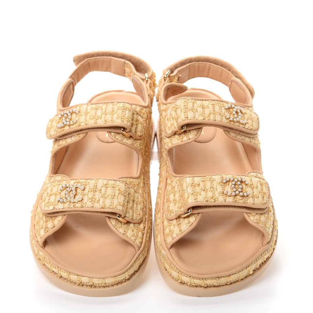 CHANEL "Raffia Pearl Velcro Dad" Sandals