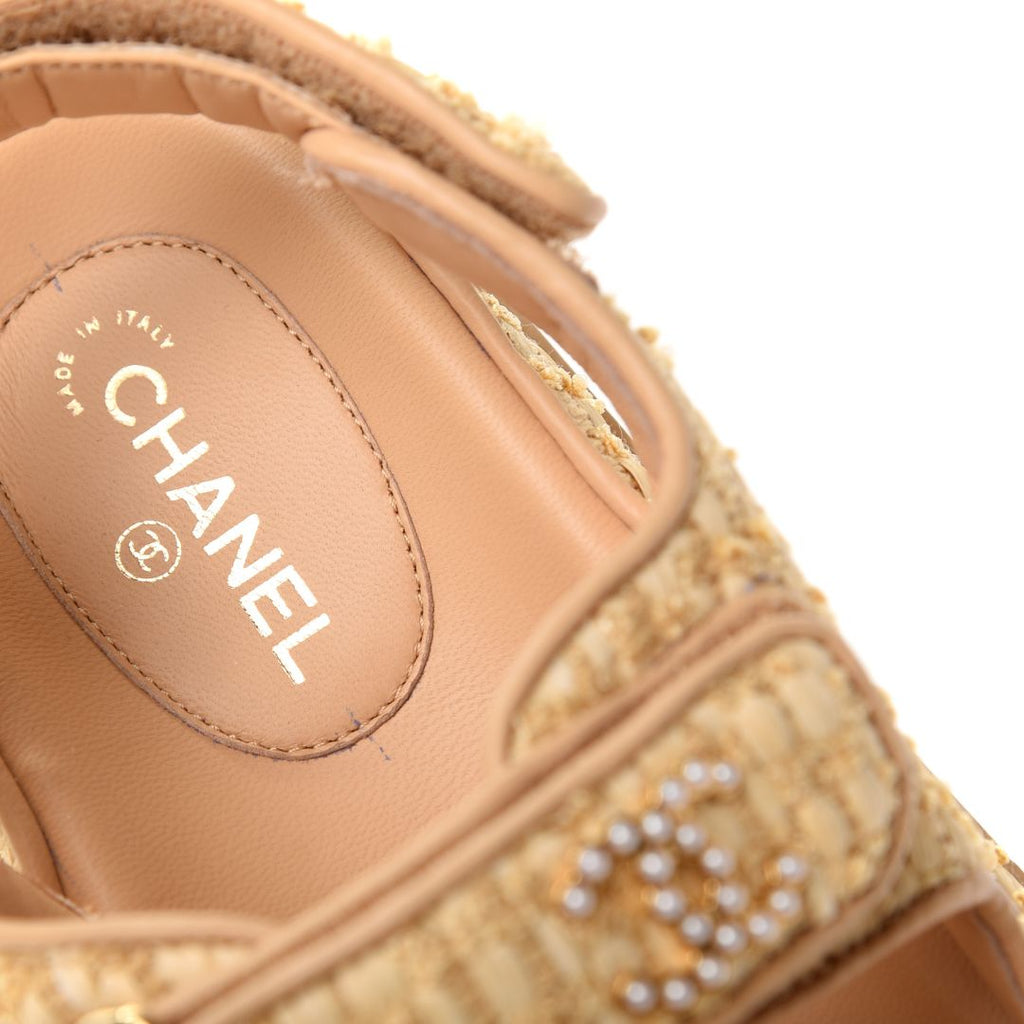 CHANEL "Raffia Pearl Velcro Dad" Sandals